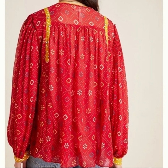 Verb Pallavi Lulita Anthropologie Semi Sheer Brick Red Peasant Blouse Top - Picture 2 of 16